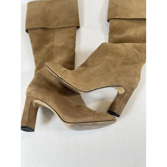 Something Navy Camel Suede Boots 9 Round Toe Chunky Heel Knee High - Picture 4 of 8